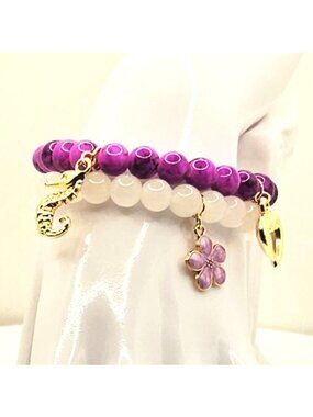 Purple Seahorse Bracelet Stack, Coastal Charm Bracelet Set, Beachy